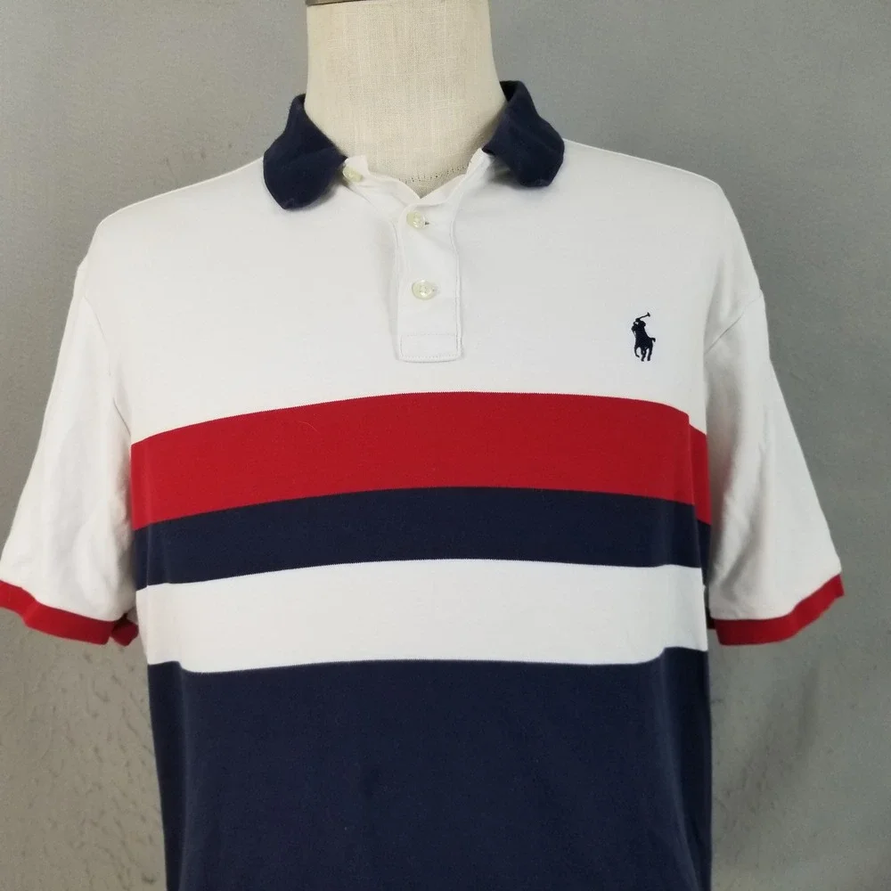 Polo Ralph Lauren Polo Men L White Red Navy Colorblock Stripe Short Sleeve Shirt